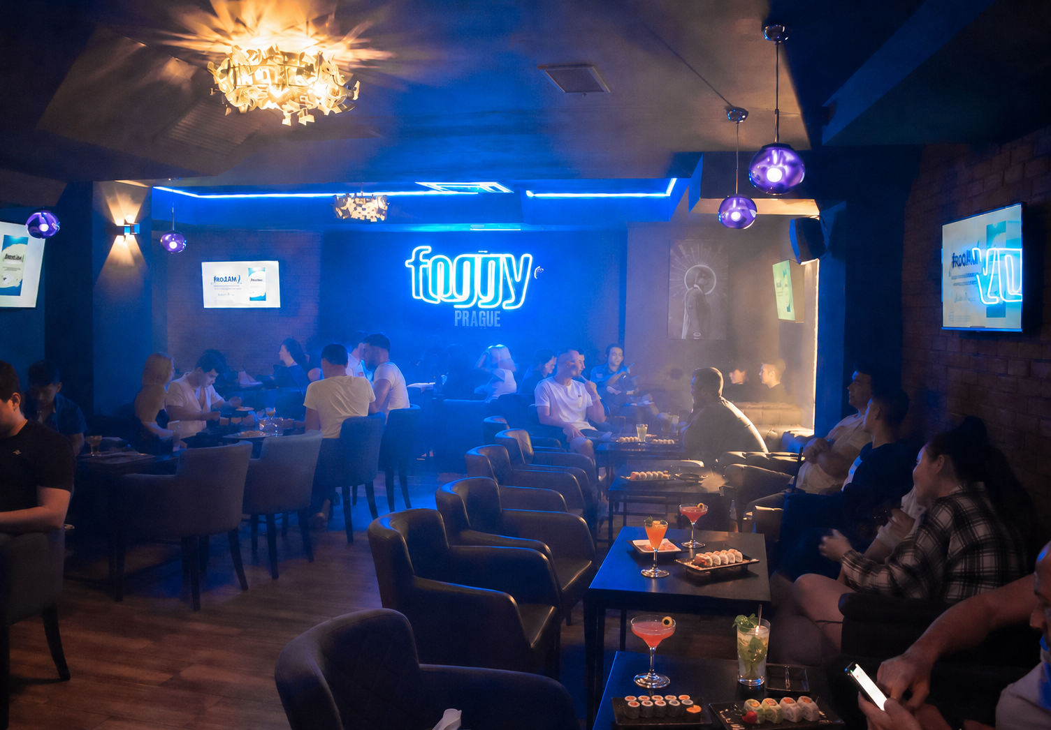 Foggy Prague full lounge with guests